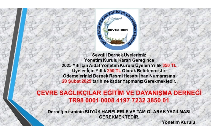 Çevsader 2025 Yılı Aidatı Belirlendi