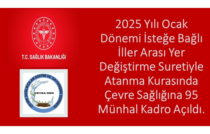2025 Yılı Ocak Dönemi İsteğe Bağlı İller Arası Yer Değiştirme Suretiyle Atanma Kurasında Çevre Sağlığına 95 Münhal Kadro Açıldı.