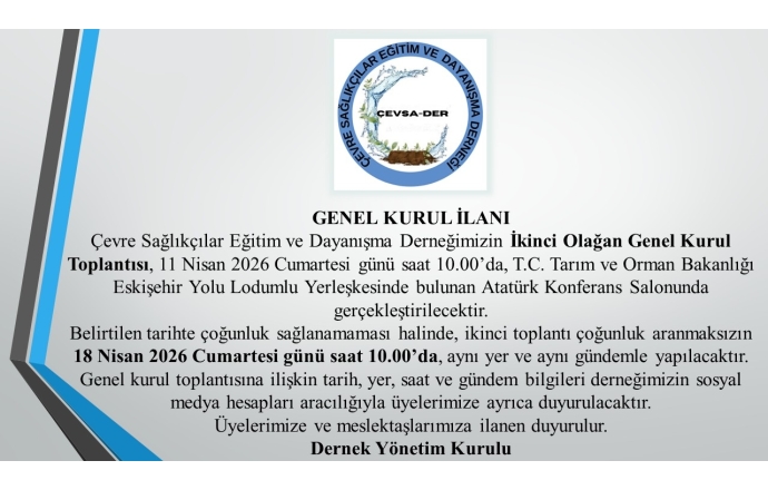 ÇEVSADER İkinci Olağan Genel Kurul Toplantısı Duyurusu