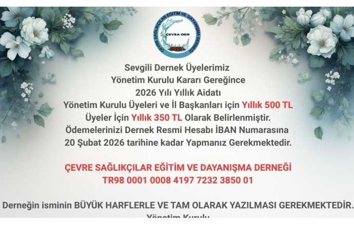 Çevsader 2026 Yılı Aidatı Belirlendi